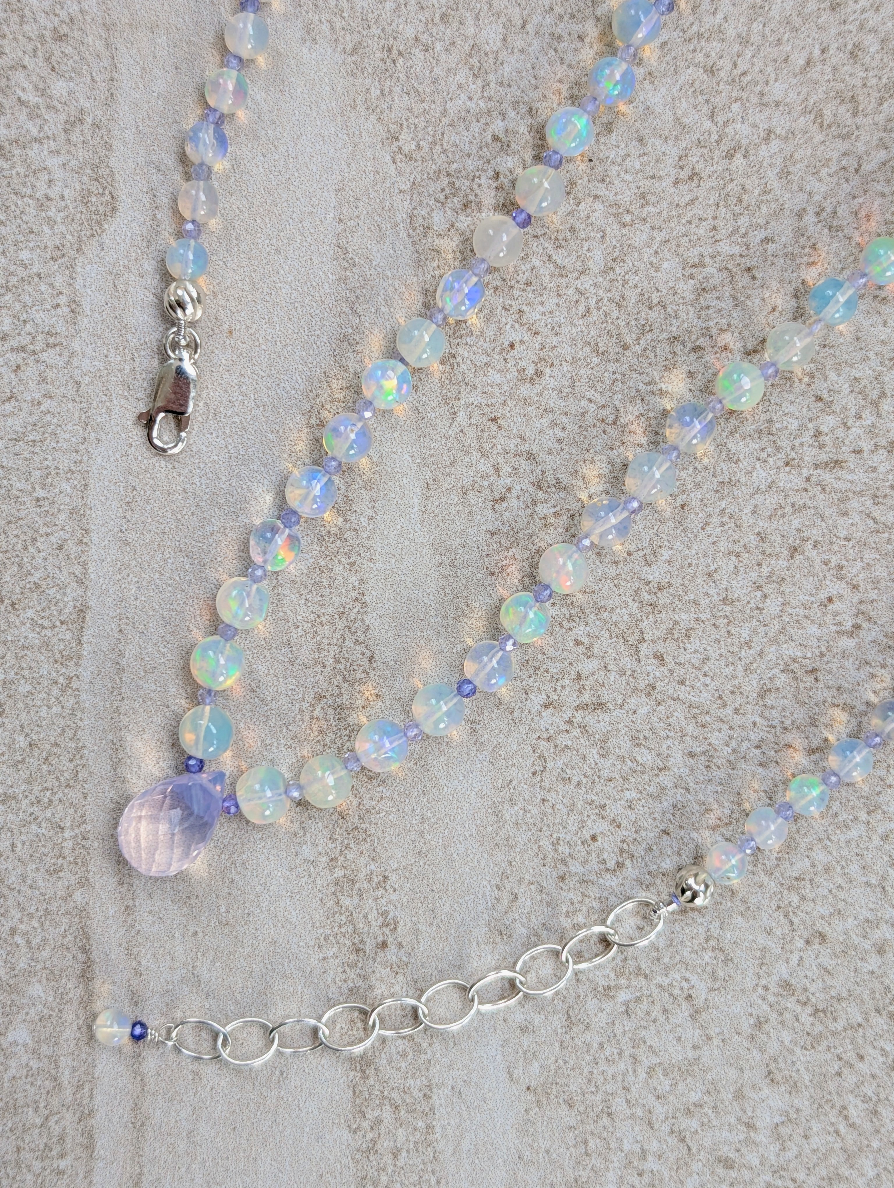 The Nephele Amulet Tanzanite and Lilac Quartz Briolette Detail